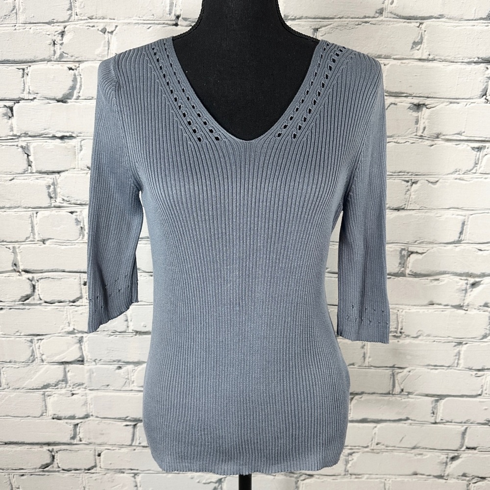Peruvian Connection Ribbed Knit V-Neck 3/4 Sleeve Sweater Top Blue Small Boho